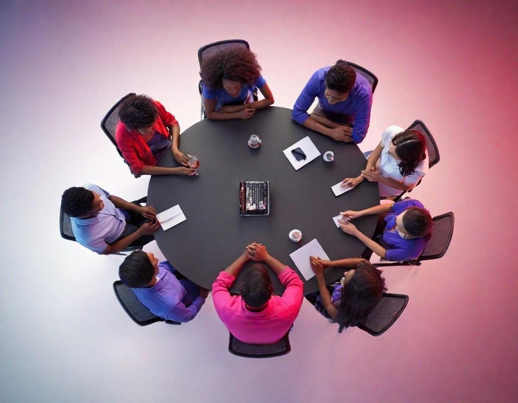 Groupe de personnes assises autour d'une table ronde, discutant en équipe.
