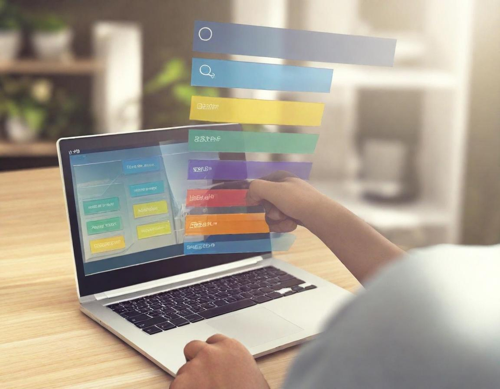 Un utilisateur interagit avec un ordinateur portable affichant des options colorées.