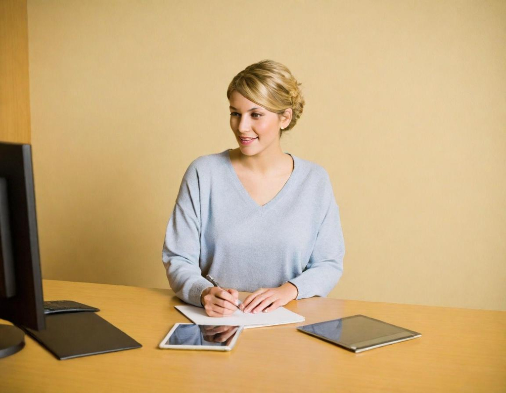 Femme blonde écrivant sur un carnet avec un ordinateur et une tablette devant elle.