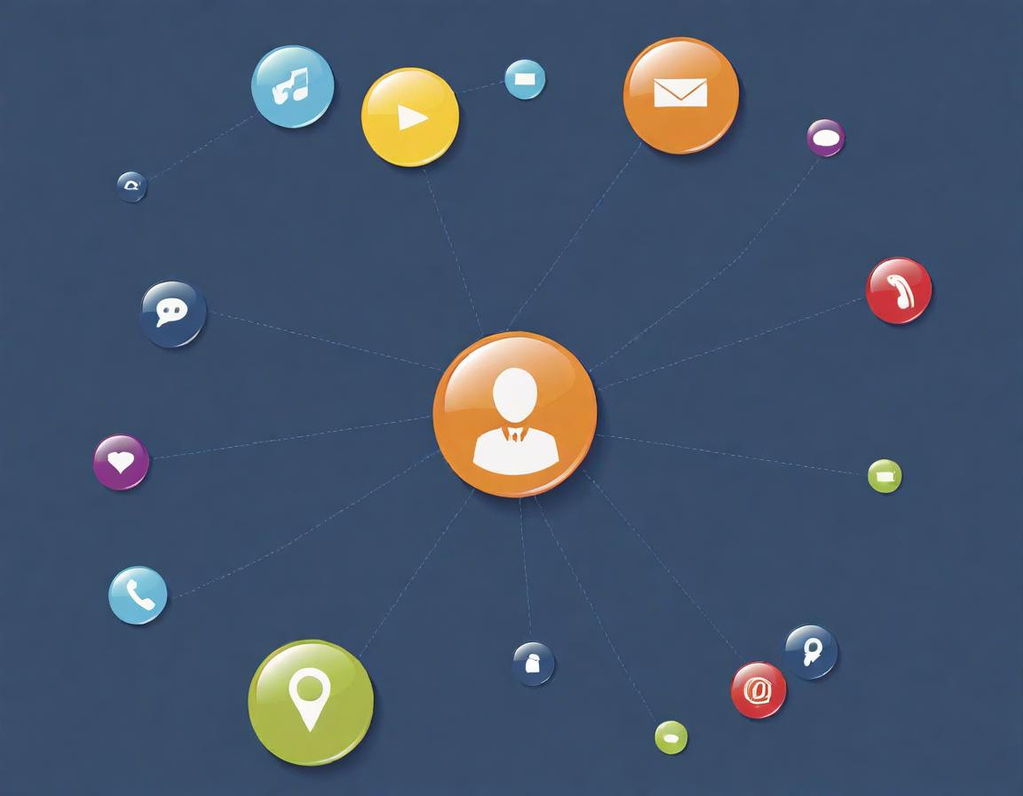 Icônes colorées représentant des services de communication et de localisation autour d'une silhouette.